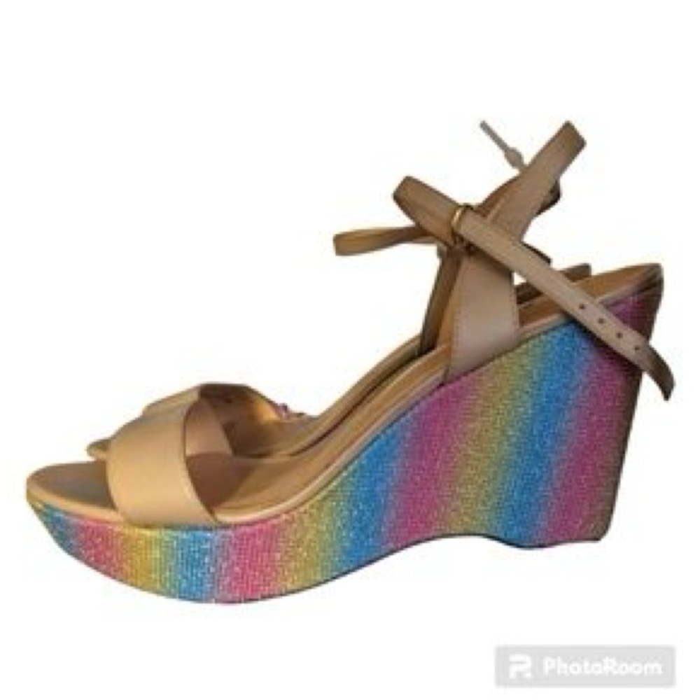 NWOT Neiman Marcus rainbow heel Rhinestone Wedges / sandals